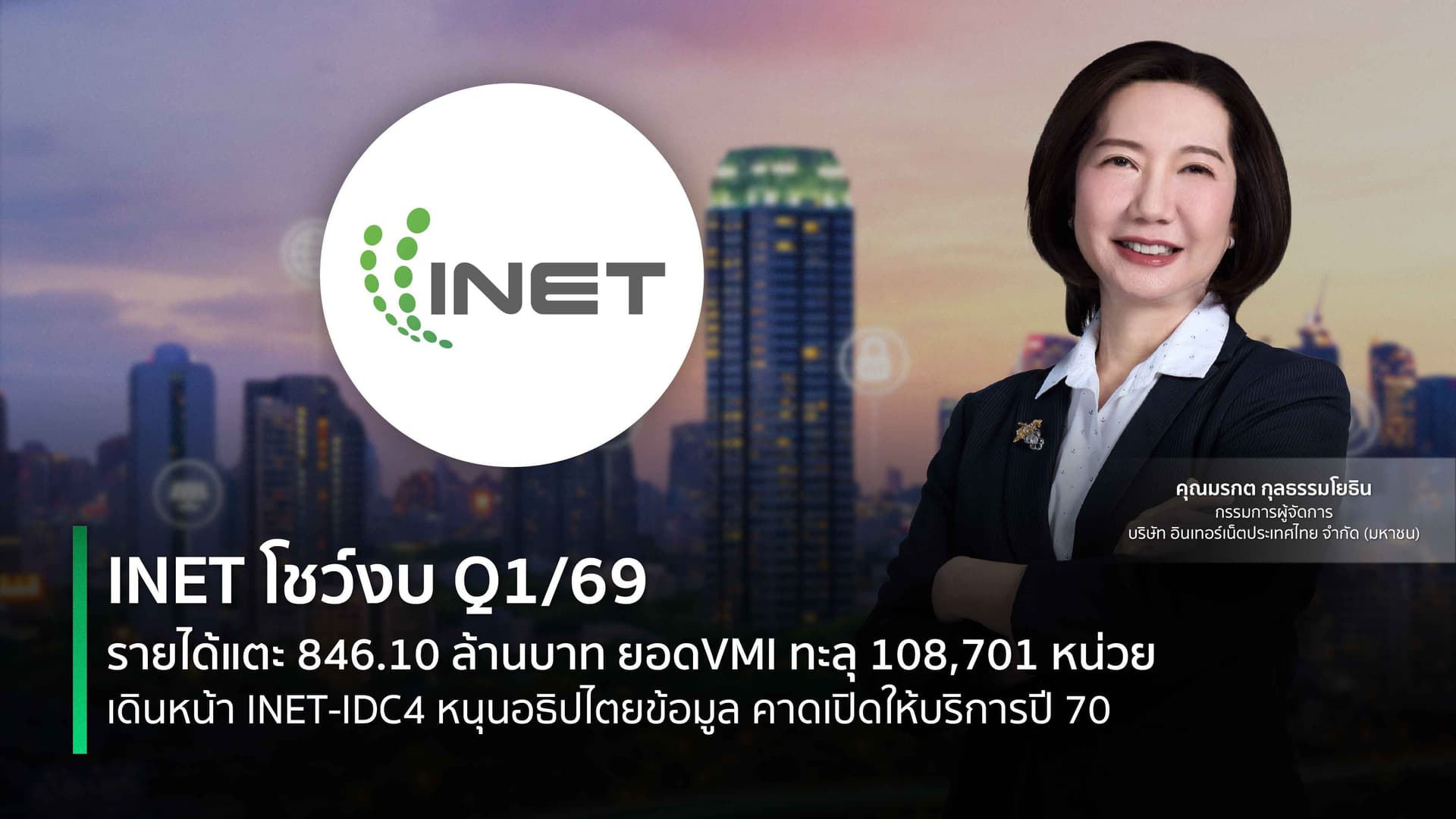 INET โชว์งบ Q1/69 รายได้แตะ 846.10 ล้านบาท 
ยอด VMI ทะลุ 108,701 หน่วย เดินหน้า INET-IDC4 หนุนอธิปไตยข้อมูลไทย